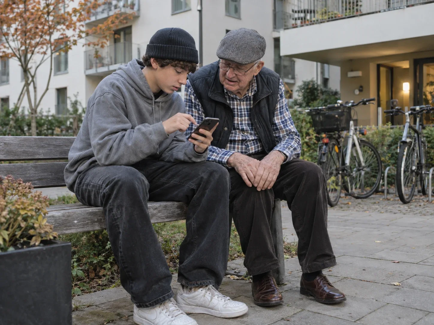 Ein Jugendlicher zeigt seinem älteren Nachbarn die App auf dem Smartphone