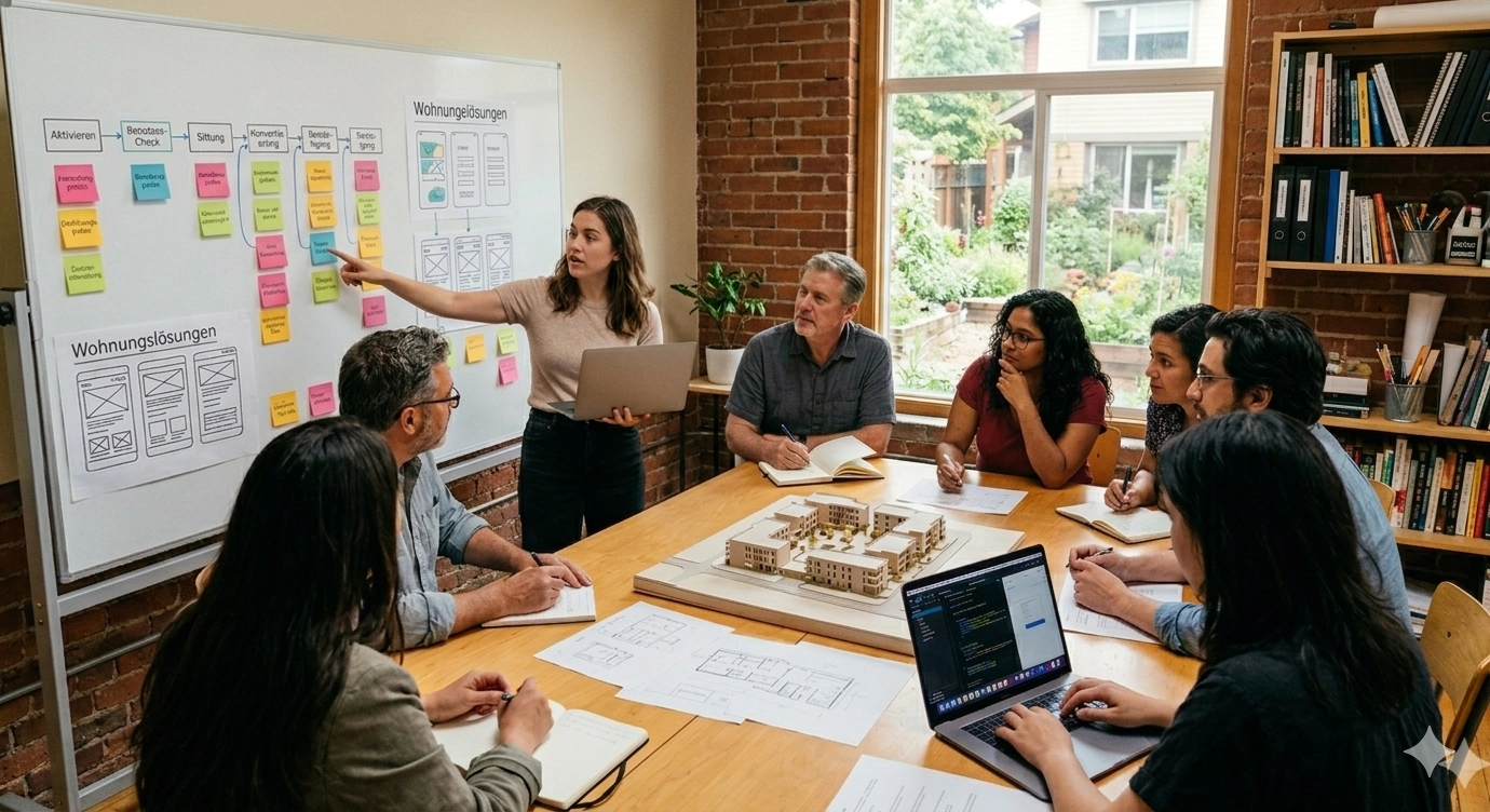Workshop mit einer Genossenschaft: Abläufe und Wohnungslösungen auf dem Whiteboard